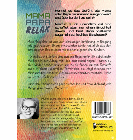 Mama Papa Relax - 110 Tipps für mehr Me-Time, mentale Fitness und Selbstliebe. Praktische Soforthilfe (Cover Rückseite)